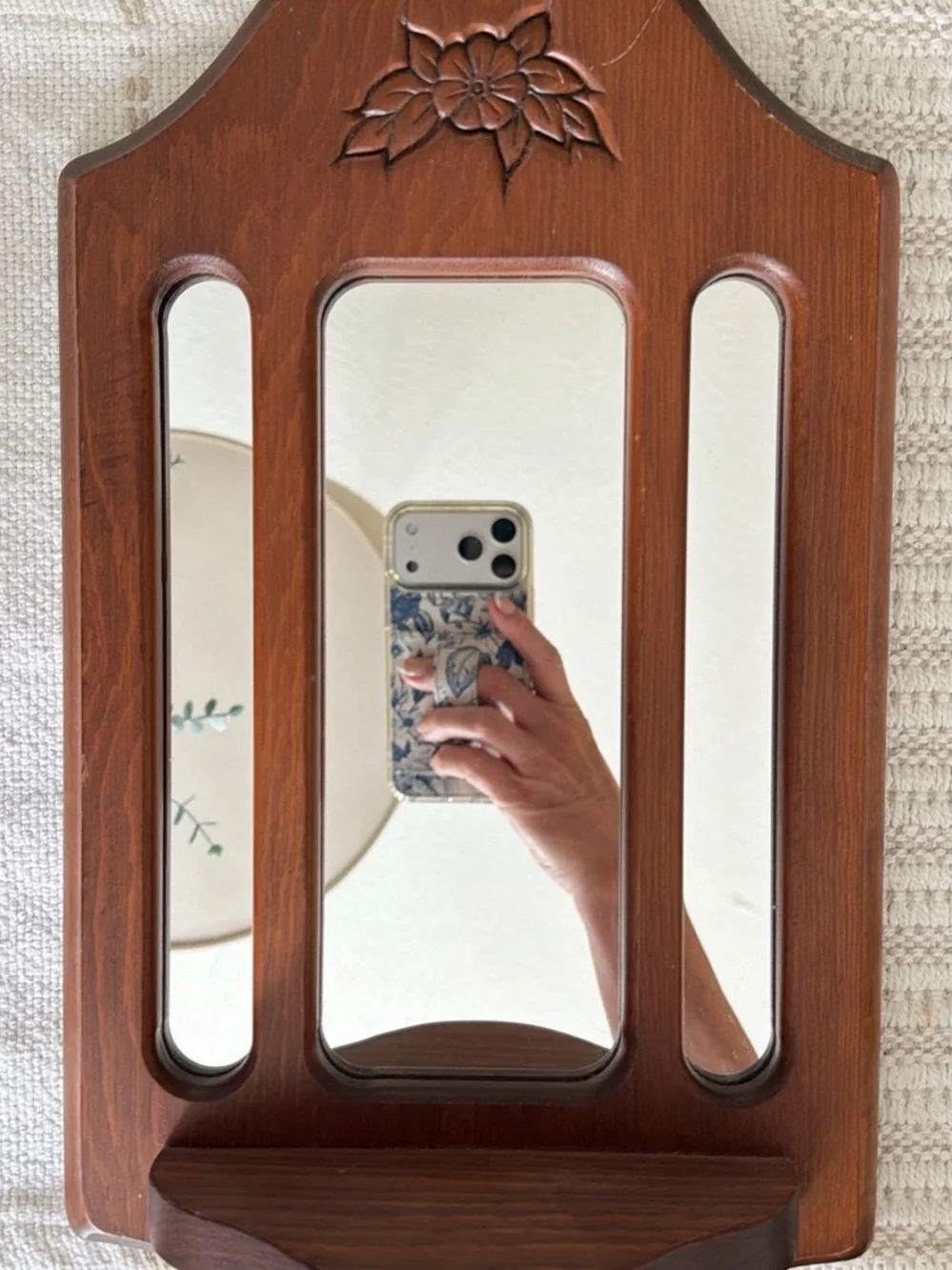 Vintage Hand-Carved Wooden Wall Mirror with Built-In Display Shelf
